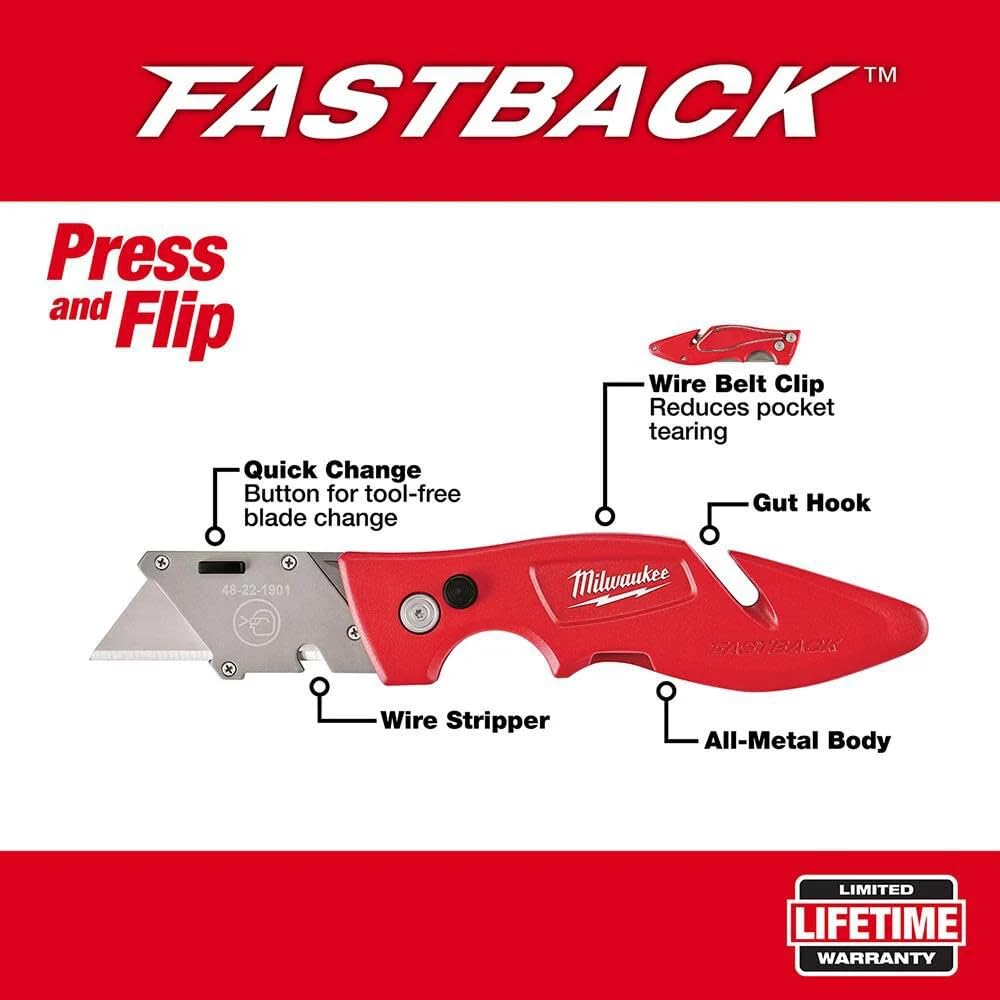Milwaukee 48-22-1901 Fastback Press and Flip Utility Knife with Belt Clip and Onboard Wire Stripping (Set of 4)