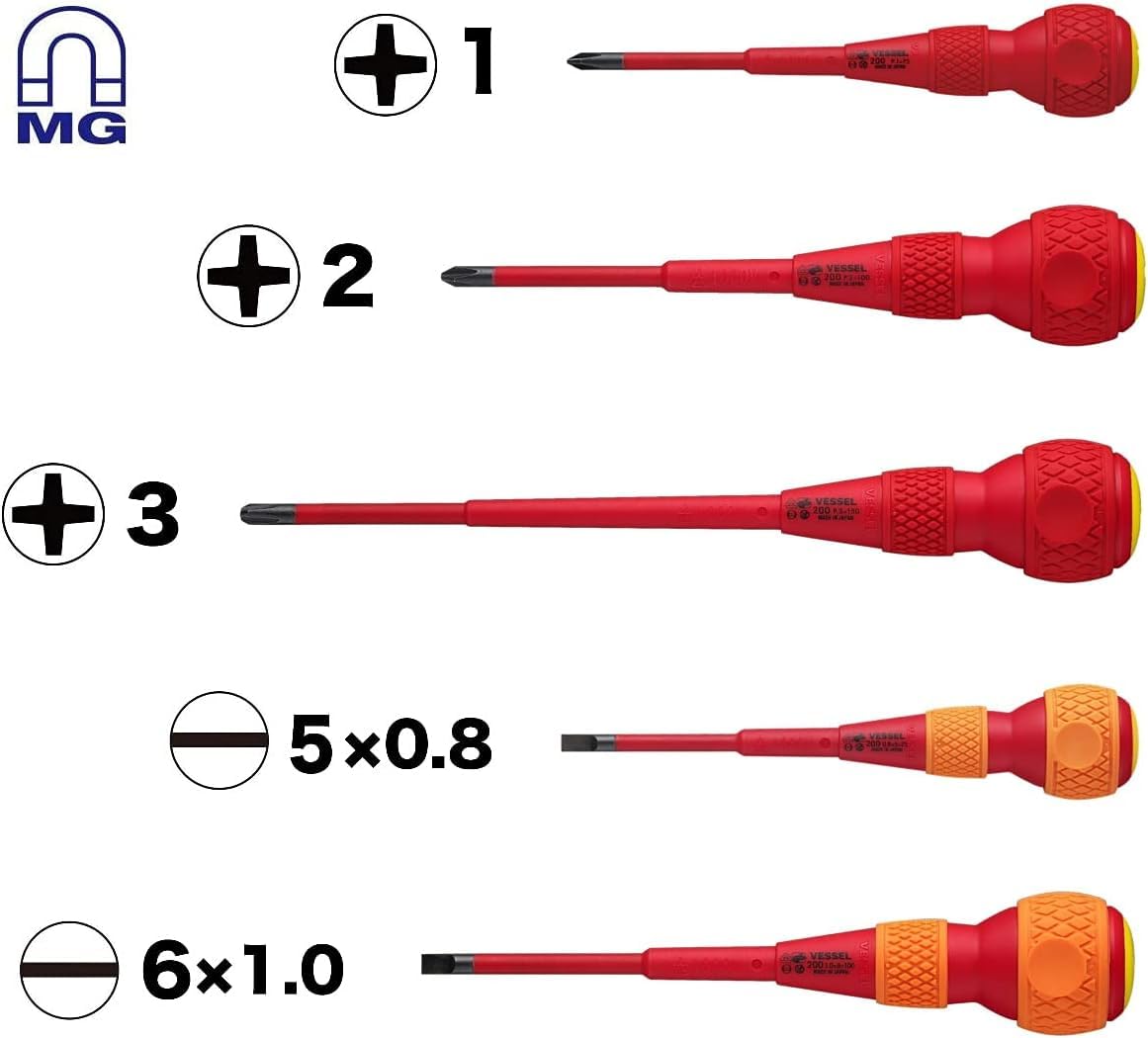 VESSEL BALL GRIP Insulated Screwdriver 5PC. Set No.2005PBU made in Japan by VESSEL