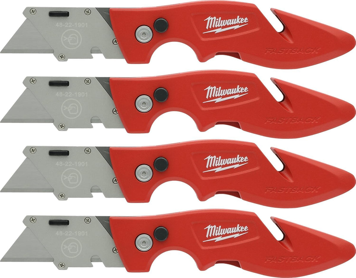 Milwaukee 48-22-1901 Fastback Press and Flip Utility Knife with Belt Clip and Onboard Wire Stripping (Set of 4)