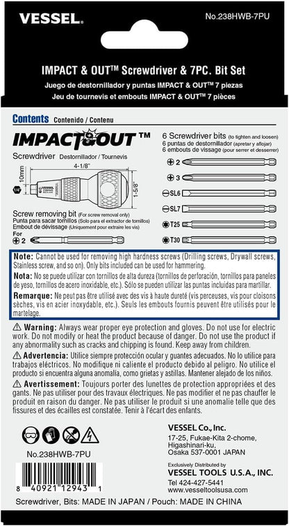 (USA Official) Impact & Out Screwdriver with 7pcs bits and Pouch