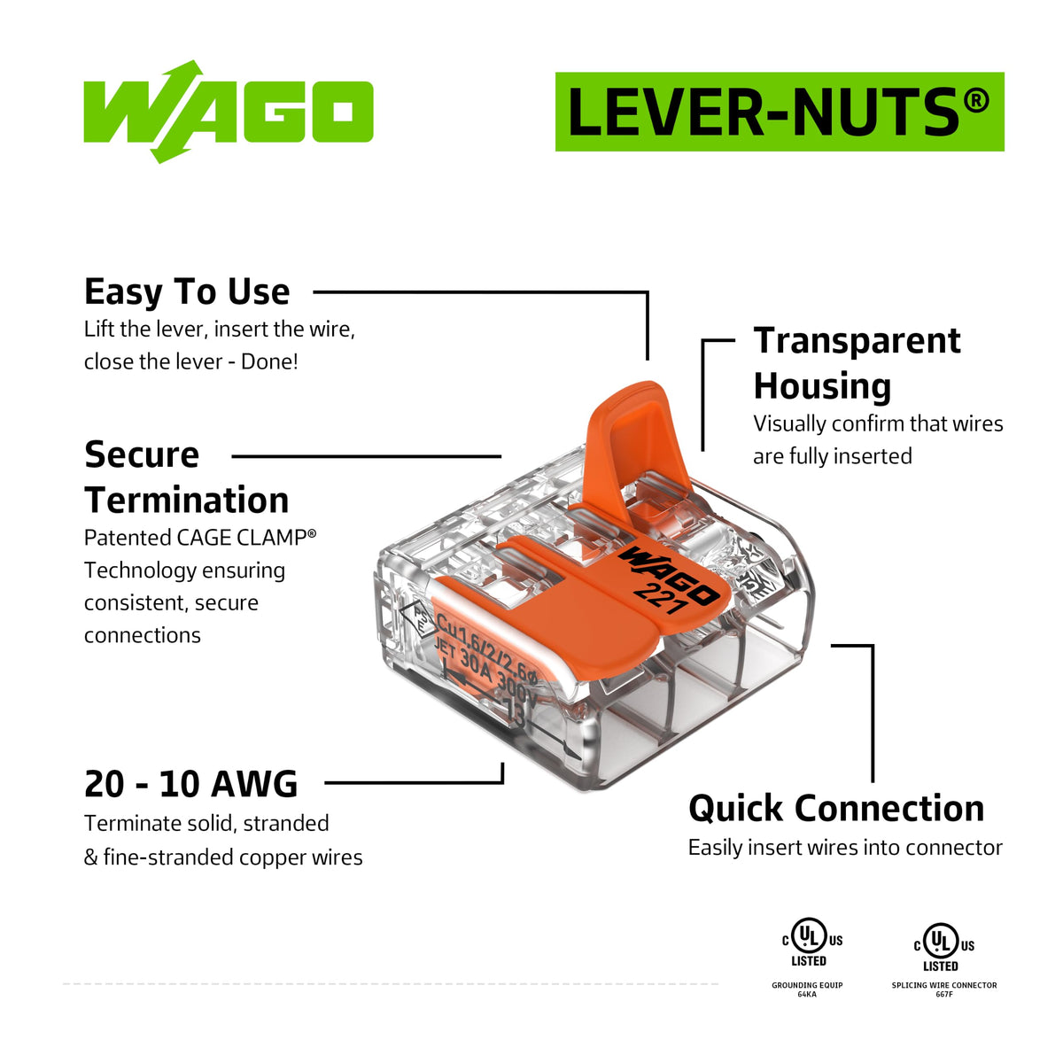 WAGO Lever-Nuts® Splicing Connector | for Solid and Stranded Conductors | Operating levers | 24-12 AWG | Transparent housing