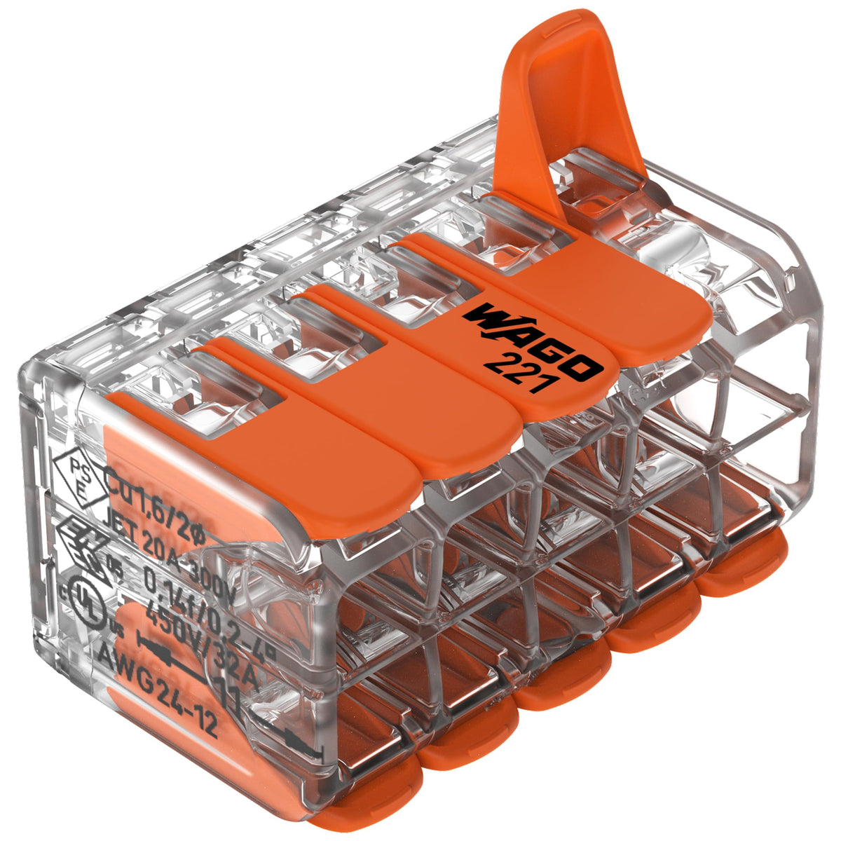221-420 | WAGO Lever-Nuts® Splicing Connector | for Solid and Stranded Conductors | 10-Conductor with Operating levers | 24-12 AWG | Transparent housing | [Box of 15 Pieces]