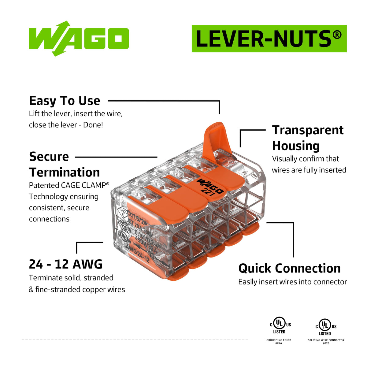 221-420 | WAGO Lever-Nuts® Splicing Connector | for Solid and Stranded Conductors | 10-Conductor with Operating levers | 24-12 AWG | Transparent housing | [Box of 15 Pieces]